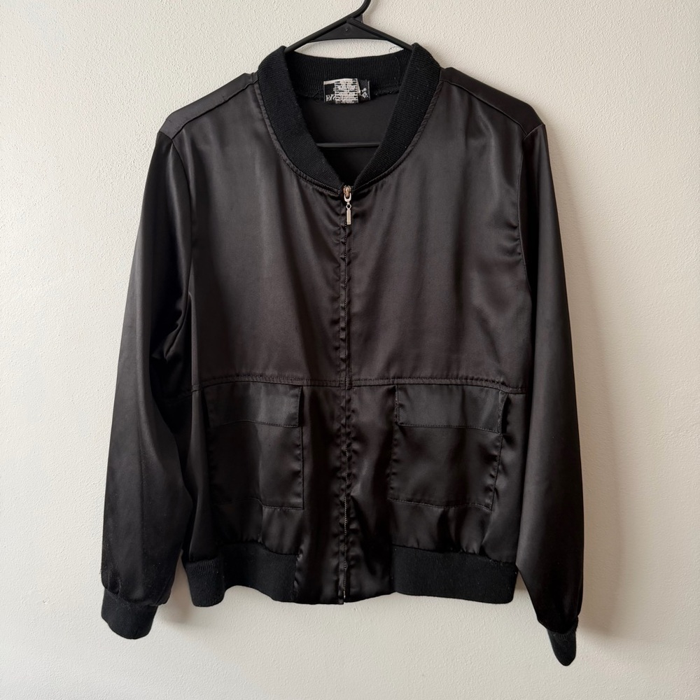 Vintage Fashion Bug Black Boxy Zip Front Satin Bomber Jacket Sz XL